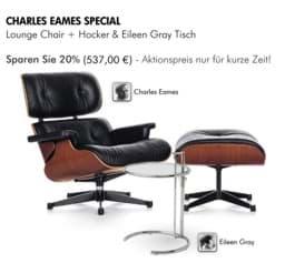 Pokaż szczegóły dla Krzesło i otomana Charles Eames + regulowany stolik Eileen Gray - THE SPECIAL Obraz Krzesło i otomana Charles Eames + regulowany stolik Eileen Gray - THE SPECIAL