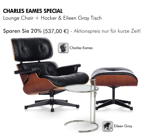 Kuva Charles Eames Lounge Chair &amp; Ottoman + säädettävä pöytä, Eileen Gray - THE SPECIAL
